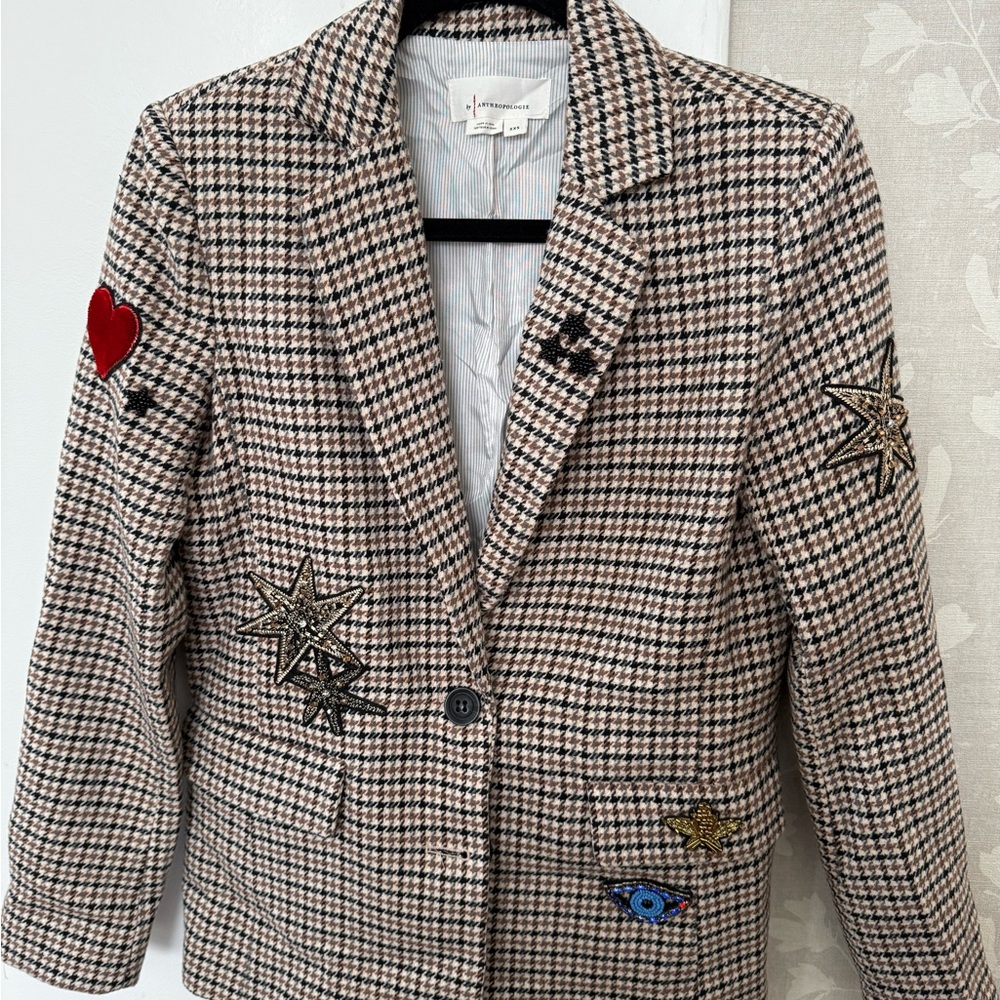 Anthropologie Houndstooth Blazer with Embroidered Patches